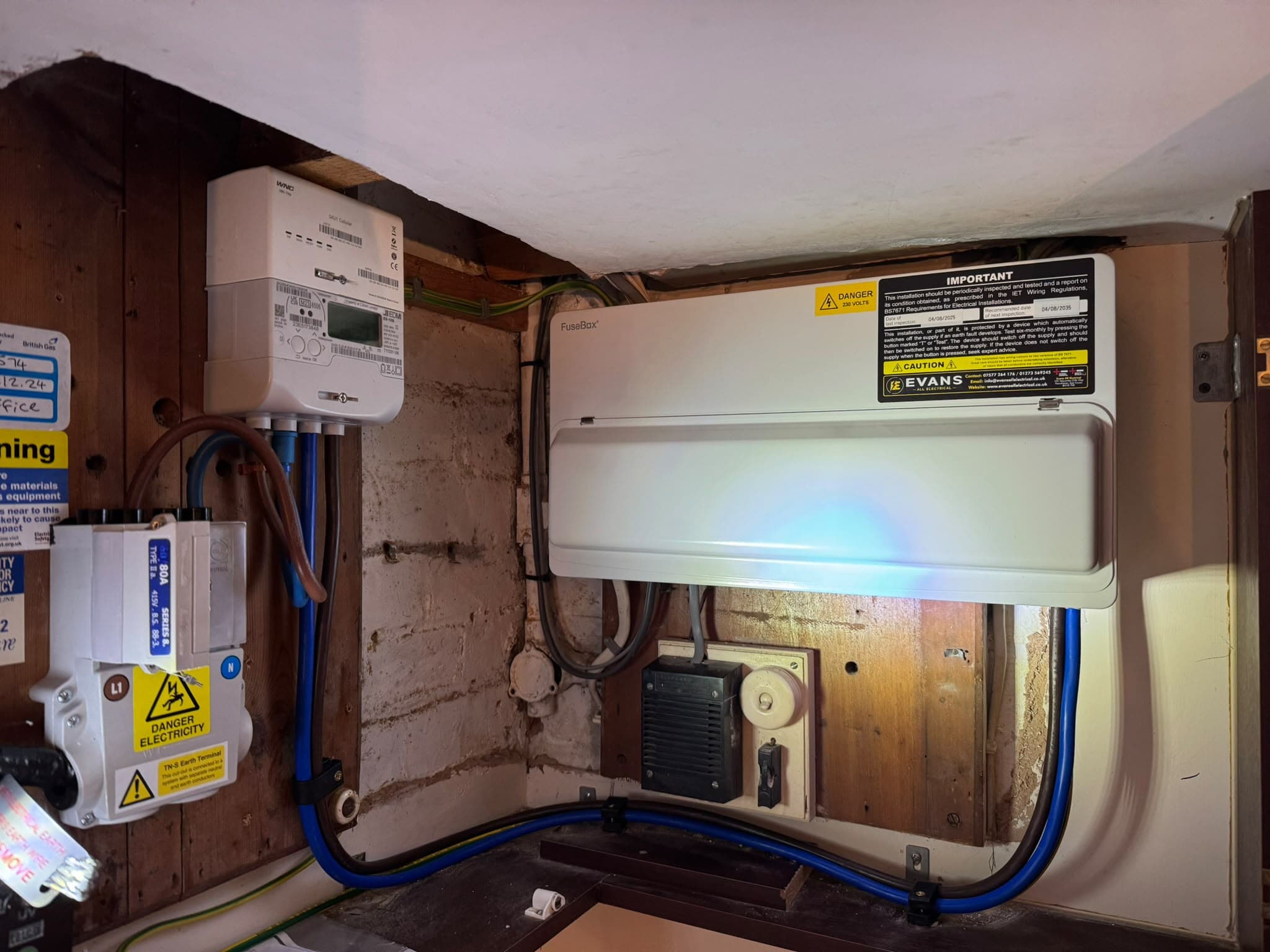 Evans All Electrical consumer unit installed near electric meter